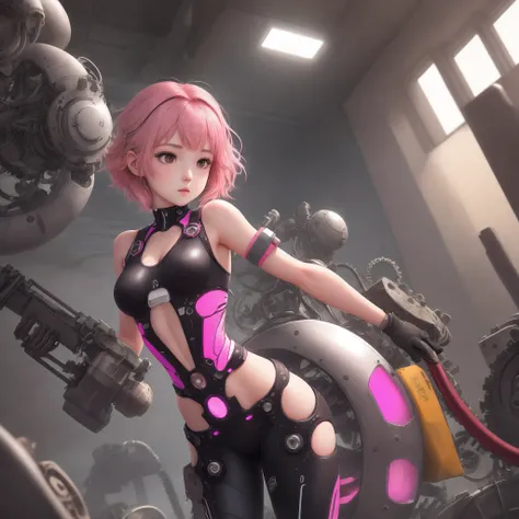 Aife, Mechanical Body, pink hair, sleeveless