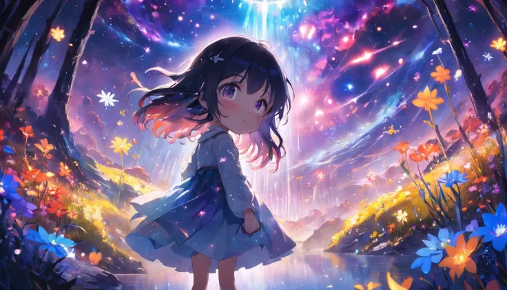 Little girl on an otherworldly planet，Surrounded by a kaleidoscope of bright flowers and enchanting forests. The starry sky overhead is illuminated by strange and colorful lights, creating an ethereal atmosphere，(waterfallr)