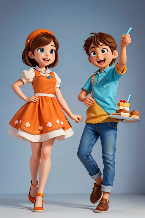 Young men and women,The girl holds milk tea in her hand,The boy holds a mille-feuille cake in his hand,Laugh happily,Sparkle， blue and orange, Different poses and expressions ,Bakery brand,Cake dessert,very stylized character design,Cartoon mascot ,game ch...