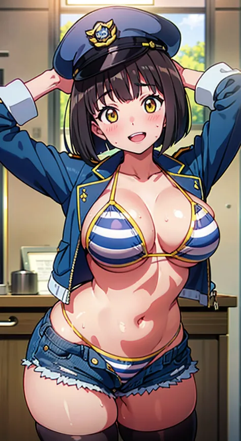 (Perfect body),Best Quality,(8K Portrait),(anime screen cap)、((Police Woman)),Police Hat、blush,Sweat,((large udder))、(Dark hair),((bob cuts))、Yellow eyes,(thick thighs),((((Navy blue striped bikini))))、White knee socks、adult  woman、((A smile))、Cowboy Shot、...