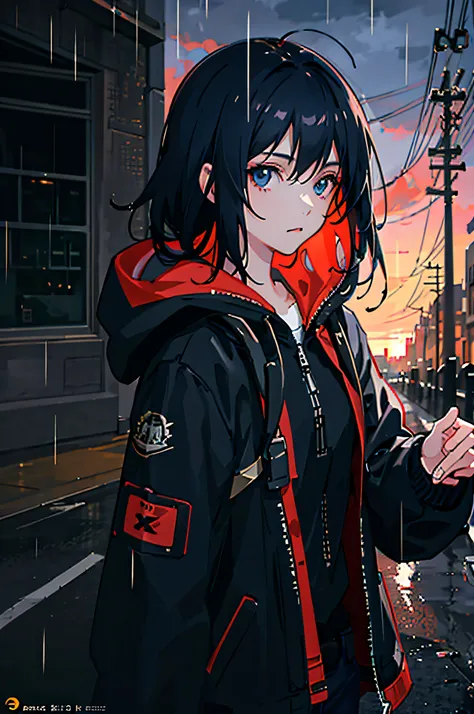 1girl, jacket, rain, outdoor, hoodie, open jacket, chain, backpack, looking at another, messy hair, trending on artstation, 8k resolution, highly detailed, anatomically correct, sharp image, digital painting, concept art, trending on pixiv, style of makoto...