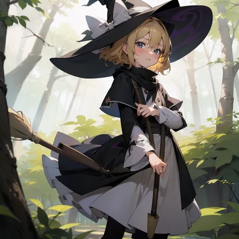 masutepiece, Fine detail, 4K, 8K, 12K, Solo, Solo, Beautiful Girl, caucasian female, marisa kirisame, Blonde, short-hair, 13 years old, witchs hat, Black clothes, natta、broom, muffler、long-sleeve、yuki、In the forest, Fantastic, Fantasy