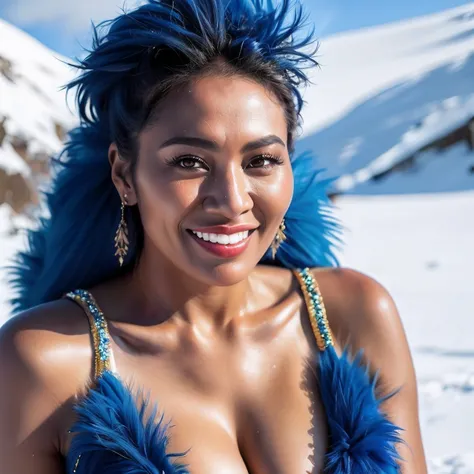masterpiece photo Papua New Guinean twenty-five year old female with blue fur outfit posing in the snow, intricate detail, super-realistic, hyper detail, skin texture, tan, goosebumps, shiny skin, (Overjoyed), (delighted), (thrilled), (jubilant),, photo, p...