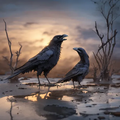 Two crows on a dead tree, A shadow shaped like a walker, Starry night, Thick fog on the ground, Blue light on the horizon, Unreal Engine 5, Cinematic, low angle photography, Motion blur, Depth of field, Dust, Cobblestones and dirt. Splash Art, dripping pai...