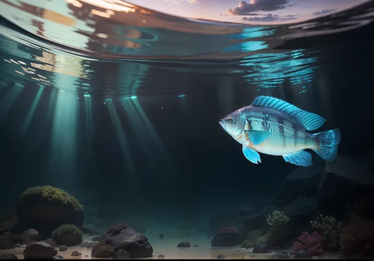 Tilapia, detalhes intrincados, soft-lighting, water details, um peixe, a tilapia, The lighting creates a fascinating reflection on the body of the fish, com raios de luz refletindo nas escamas. The underwater details are realistic, com um ambiente realista...