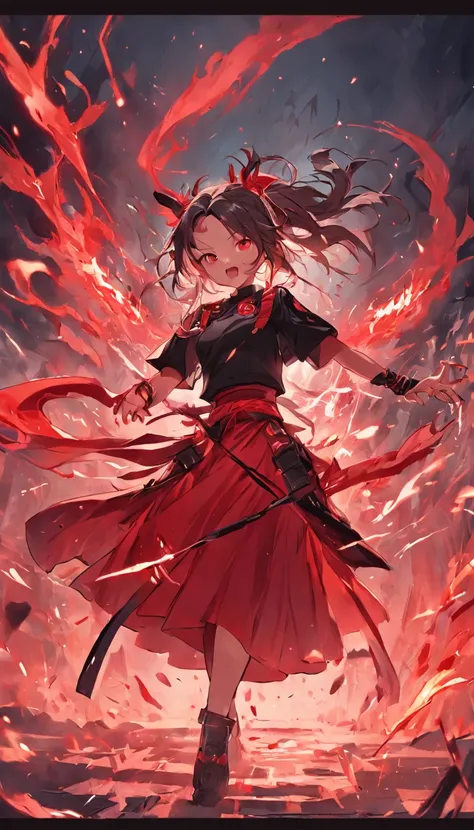 A GIRL, black T-shirt, Red Skirt, Pencil Skirt, showing off her terrifying power in battle, defeating the forces of the Thousand Demons and the Unification Sect, Li Gu moves as fast as lightning, holding a weapon devastating blow, the soldiers of the Van D...