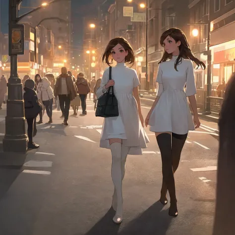 ((Realistic lighting, Best quality, 8K, Masterpiece: 1.3)), Clear focus: 1.2, 1girl, Perfect body beauty: 1.4, Slim abs: 1.1, ((dark brown hair)), (White dress: 1.4), (Outdoor, night: 1.1), City Street, Super Fine Face, Fine Eyes, Double Eyelids, (Over the...