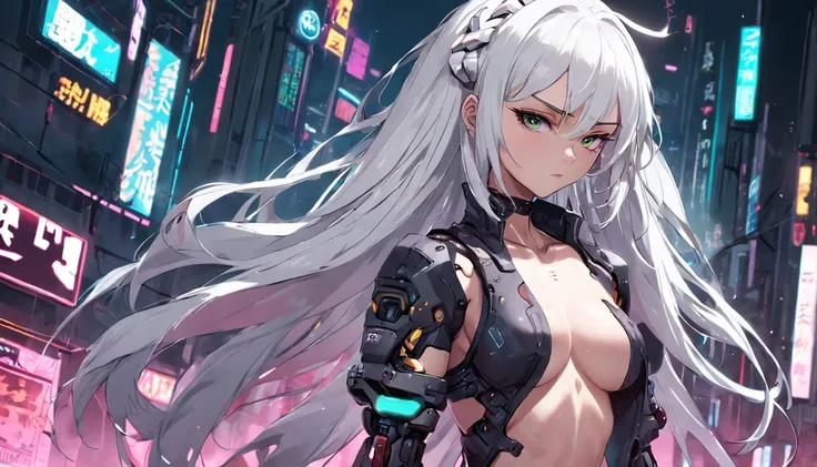 white hair adult women, sexy body, cyberpunk style