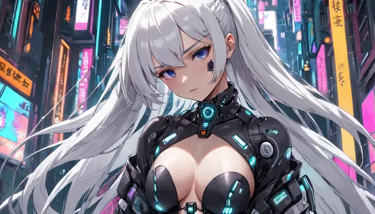 white hair adult women, sexy body, cyberpunk style