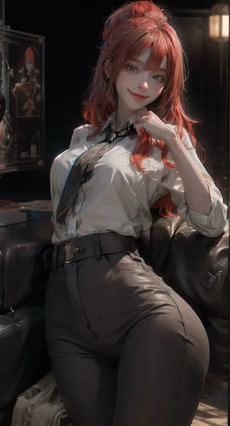 ((Best quality)), ((masterpiece)), (detailed:1.4), 3D, an image of a beautiful cyberpunk female,(red hair,bangs, long hair:1.2),(golden eyes:1.2)(White shirt, long Sleeve, rolled up:1.2), (black long pants, silk pants:1.2), (plain black tie:1.2), HDR (High...