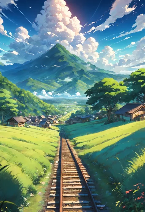 there is a train that is going down the tracks in the field, anime countryside landscape, made of tree and fantasy valley, scenery art detailed, beautifull puffy clouds. anime, detailed scenery —width 672, anime landscape wallpaper, anime landscape, studio...