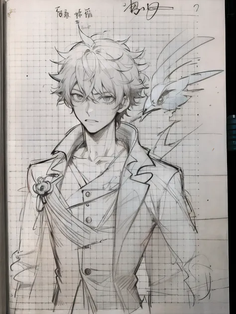 Sketch of a man with a bird on his head, Line sketch!!, inspirado em Okumura Masanobu, inspired by Okumura Togyu, anime sketch, author：Okumura Toju, ( ( concept art of character ) ), kentaro miura manga art style, author：Uesaka Seka, highly detailed exquis...