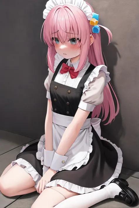 1girl in, pinafore, the bow, Cube Hair Ornament, doress, frilld, dark(expressioness), hair adornments, length hair, looking at away, Maids, maid apronl, Maid Headdress, mary janes, One side up, A pink-haired, Shaded face, shoe, short dress, 独奏, drops of sw...