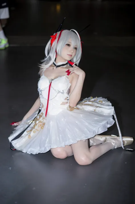 on the floor sat a woman in a white dress, anime girl cosplay, anime cosplay, rpgmaker, cosplay foto, cosplay, elegant glamourou...