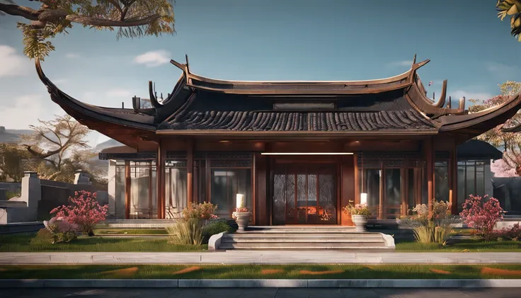 Chinese style residence, There are a lot of glass and wood walls, lawns, 8K, Ultra-realistic, prime time