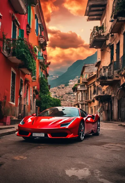 (Best quality, 8K, Masterpiece :1.2), Ultra photo realsisim, A red Ferrari 488 in Montan, Rio de Janeiro, Brazil, Background of Christ the Savior, A beautiful brown haired girl looking at the landscape