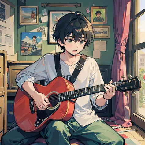 20-year-old boy playing guitar in old cartoon-style room at Ghibli studios