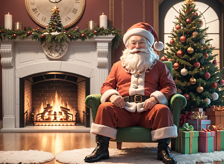 front view full christmas tree,Santa Claus sit on armchair and fireplace, smiling face, look at viewer, real photography, super realistic rendering, realistic rendering, 8k, --auto --v6 --s2