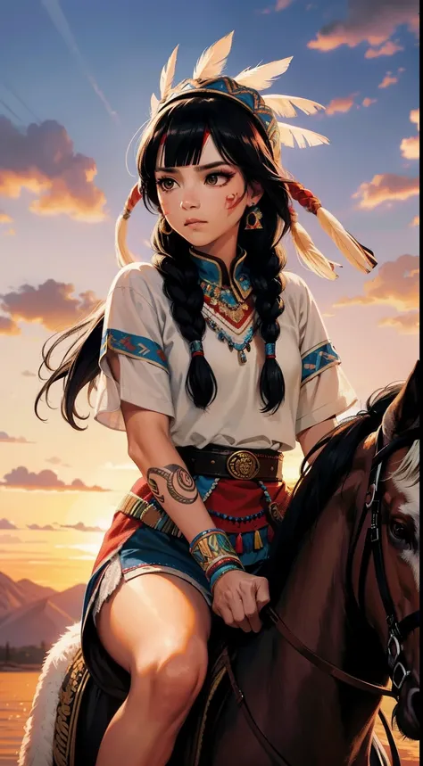 An American Indian warrior young and beautiful lady,黑The eye,Light American Indian makeup,American Indian tattoo wearing feathered American Indian colored headband ، braid hair ,Accessories, Colorful background,the sunset,On horseback,