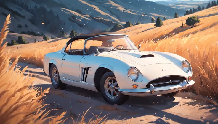 Create a compelling story that revolves around an old sports car parked on a rolling hill, Old Car, Weathered by time, Looking up at the starry sky. Interweave the surrounding landscape in detail, Pine aroma, （White antique sports car）, And calm deserts, e...