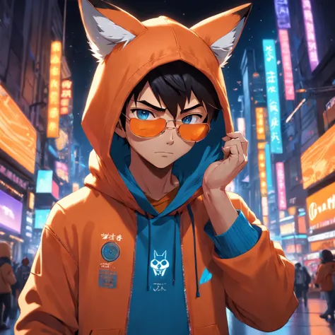 Cute fox in Pixar movie style, Wearing a hood, Cinematic lighting, Depth sensing, ultra - detailed, 8K quality. One hand crossed over a hundred，Male upper body, Best quality, Humanoid), Look at the audience wearing orange hoodies and sunglasses, Holding a ...