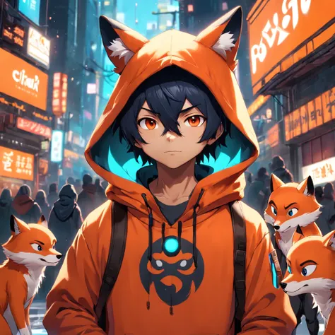 Cute fox in Pixar movie style, Wearing a hood, Cinematic lighting, Depth sensing, ultra - detailed, 8K quality. One hand crossed over a hundred，Male upper body, Best quality, Humanoid), Look at the audience wearing orange hoodies and sunglasses, Holding a ...