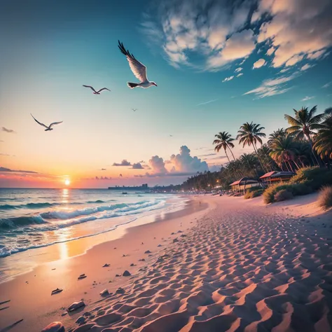 (tmasterpiece），（best qualtiy），（offcial art，Extremely detailed 8k CG Unity wallpaper）The beach is covered with colorful transparent smooth stones：1.5，Absolutely mesmerizing sunset on the beach，The sky is mixed with orange，  Pink and yellow。The sea is crysta...