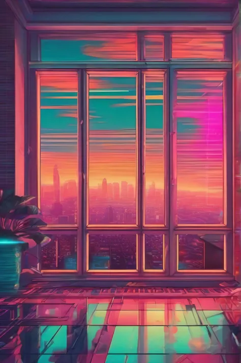 A room illuminated with warm, diffused light, con una ventana desde donde se ve la ciudad de noche, en tonos cyan, vaporwave