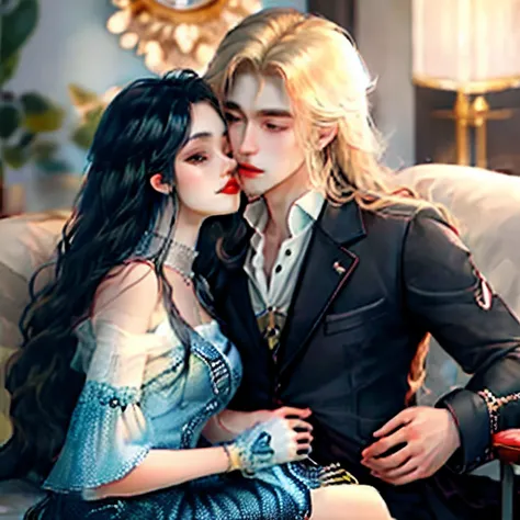 Woman with long black hair sitting on the lap of a man with long blonde hair，Kiss，High quality，Golden Prince Ye Luoli