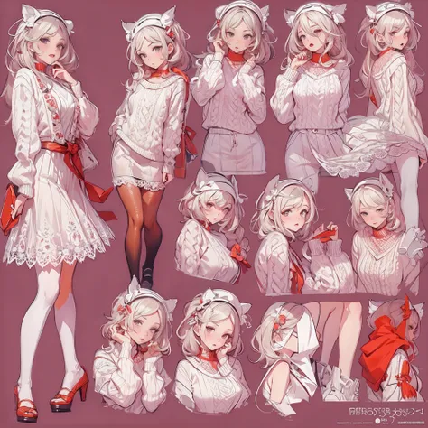 ((Masterpiece, Highest quality)), Detailed face, CharacterDesignSheet，full bodyesbian, Full of details, Multiple poses and expressions, Highly detailed, Depth, beuaty girl，Sweaters，Lace，lacepantyhose, High Balance, suns，Natural light，red colour