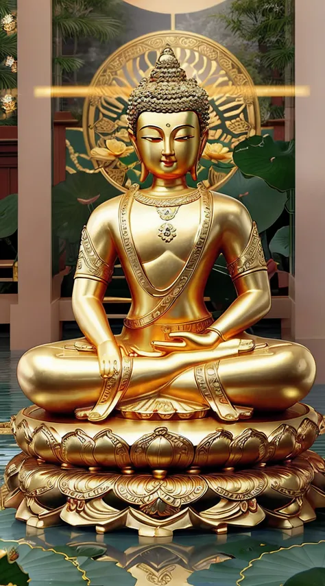 there is a statue of a buddha sitting on a lotus flower, a buddhist buddha, buddhist, buddha, buddhism, beautiful gold saint, sa...