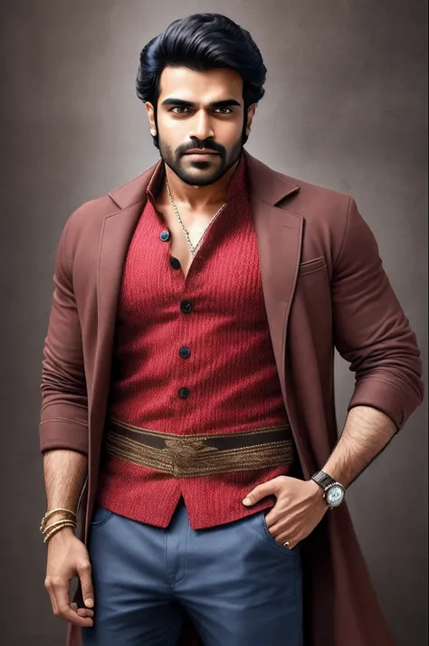 Bollywood actor Ram Charan look alike, standing pose, wearing coat pant, 4k, ultra realistic, high resolution photography --auto --s2