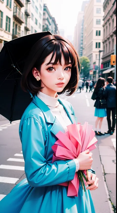 Close up woman with fashion street style photo, Background with flowers, shot on Lomography XPro 200, Photo by Mario Testino