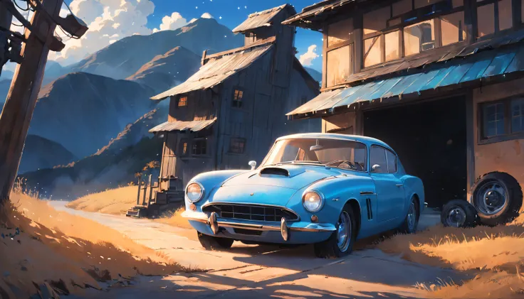 Create a compelling story that revolves around an old sports car parked on a rolling hill, Old Car, Weathered by time, Looking up at the starry sky. Interweave the surrounding landscape in detail, Pine aroma, （In blue color、A very old antique sports car）, ...