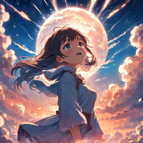 masterpiece, best quality, movie still, 1girl, cloud girl, floating in the sky, close-up, bright, happy, warm soft lighting, sunset, (sparks:0.7)