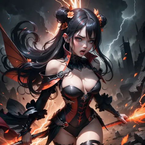 （Very elaborate 8K wallpapers）、wrath、looking at the viewers、Screaming、Red and black hair、Sexy fairy outfit、Orange lightning、Red and Black World、thunder、rampage、destruction、small nose、adult lady