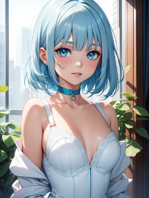 Official art、Top quality ultra-detailed CG art、a beauty girl：１.２）、lightblue hair、Glossy hair、smooth hair、large blue eyes、kawaii、bob cuts、Pink choker、White suit、ssmile、simple