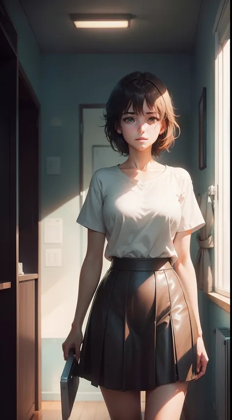 one-girl，high school senior，Pure，adolable，In the house，（unwind：1.3），illustration，Best quality at best，4K，（Estilo de Makoto Shinkai）。