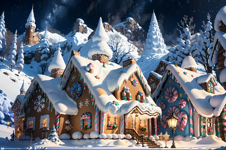 4k,highres, highest quallity, illustration, ultra detailed, cinematic lighting, best quality, hyper detailed, masterpiece, (fantasy realm:1.2), (gingerbread house:1.3), snow-covered landscape, magical, dream-like, pastel colors, sparkly, cozy and warm, gia...