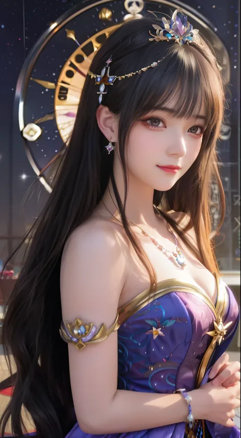 a close up of a woman in a purple dress with a choke，The background is a clock, beautiful and seductive anime woman, Anime goddess, Portrait Chevaliers du Zodiaque Fille, a beautiful fantasy empress, Beautiful anime girl, Beautiful anime woman, Anime girl ...