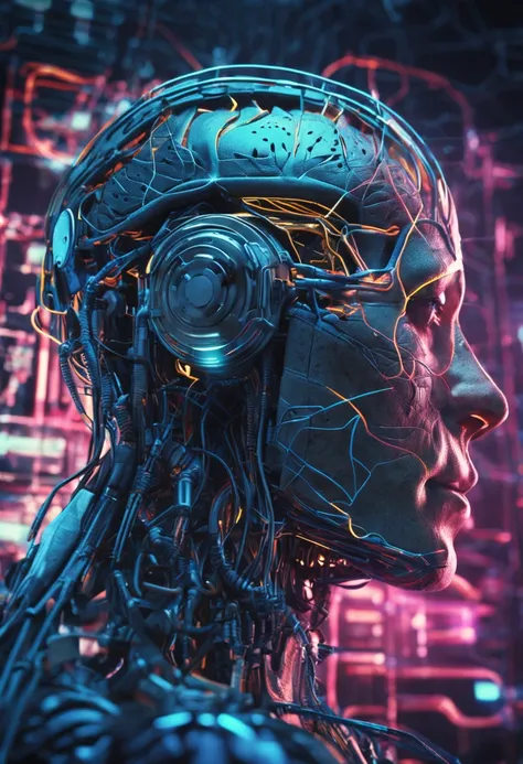 Digital brain receiving neural connections, ultra hd, estilo cyber punk, the theme of the whole image is blue