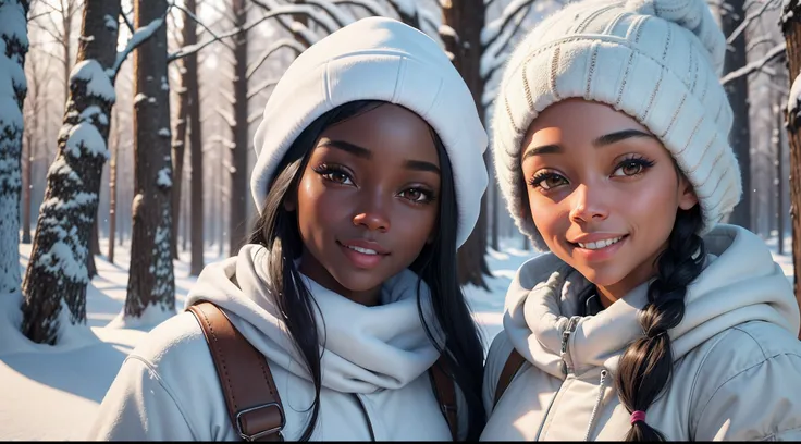 friends on a walk through a snowy forest. winter sun, snowflakes, happy smiling faces, a girl with black skin and her friend with light skin, kkw-skin-det-all_checkpoint_skin_detail_-_skin_detail_v1.0 , globaldetail-detail_++_-_overall_detail . detailed fa...