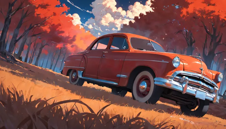 Create a compelling story that revolves around an old car parked on a rolling hill, Old Car, Weathered by time, Looking up at the starry sky. Interweave the surrounding landscape in detail, Pine aroma, （red colored、First made by Ford in the USA、Early antiq...