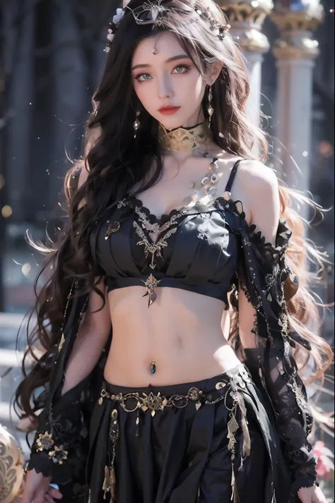 a woman dressed in black walks down the street, very beautiful elven top model, fantasyoutfit, ethereal beauty, fantasy style cl...