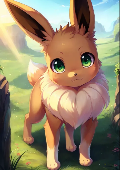 uploaded on e621, ((Isaac Levitan, by Rumiko Takahashi, Ephraim Moses Lillian, by hioshiru, by Glacier Clear)), Solo (quadruped feral:1.4) ((Eevee)) with ((tan body)) And (((white neck tuft))) And (Brown fluffy dipstick tail) And ((Clear light green eyes))...