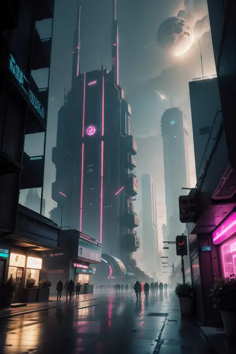 Sci-fi,cyberpunk  Stadt im Hintergrund steht ein mond