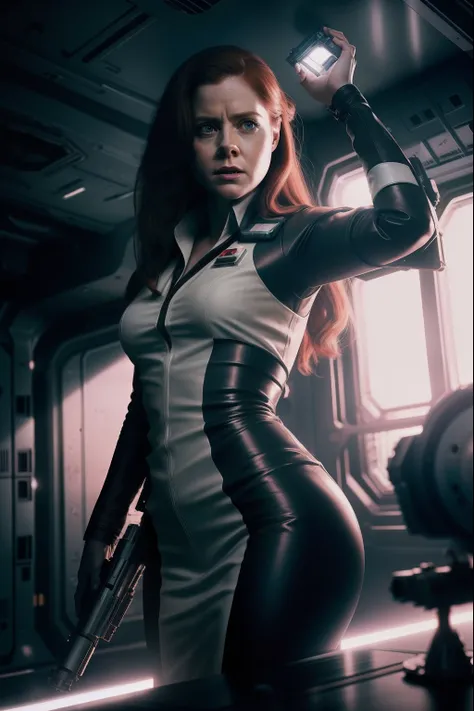 Hot terrified Amy Adams as a Scientist holding a sci fi blaster Hiding on Ishimura Horror Space Ship photography, natural light, photorealism, cinematic rendering, ray tracing, the highest quality, the highest detail, Cinematic, Third-Person View, Blur Eff...