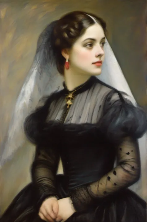 a painting of a woman in a black dress with a white veil, inspired by Francisco de Burgos Mantilla, portrait of morana, by Renoir, a young woman, painting of a woman, by Francisco Oller, maria fortuny, portrait of a european woman, young woman, portrait of...