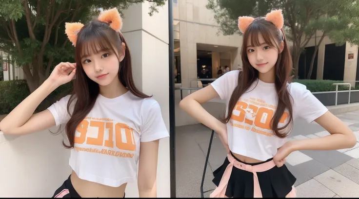 18-year-old cheergirl wearing peach-colored miniskirt and white t-shirt