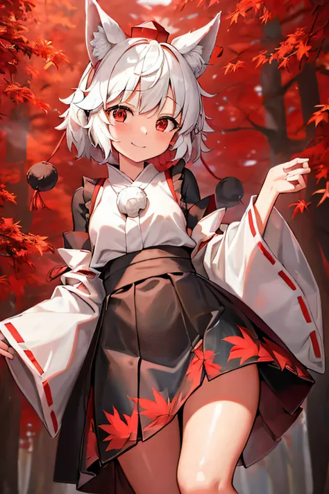 ((masterpiece)), autumnal_forest, 1girl, petite_breasts, red_headwear, black_skirt, red_eyes, tokin_hat, wolf_tail, japanese_clo...